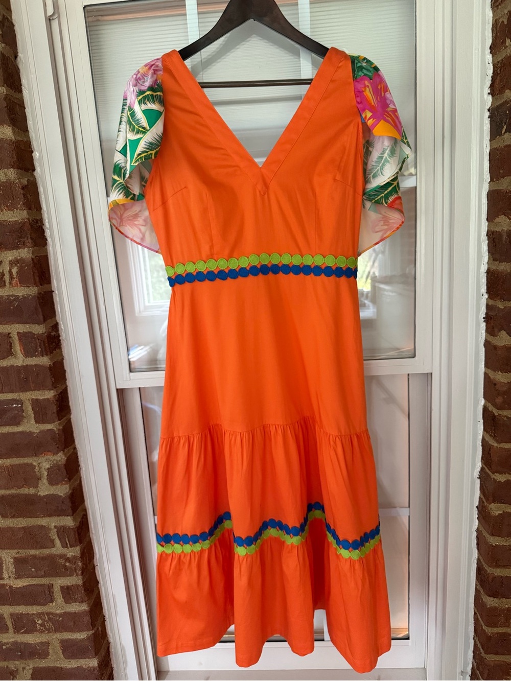 Vibrant Orange Diana Papaya V-Neck Midi Dress with Floral Sleeves